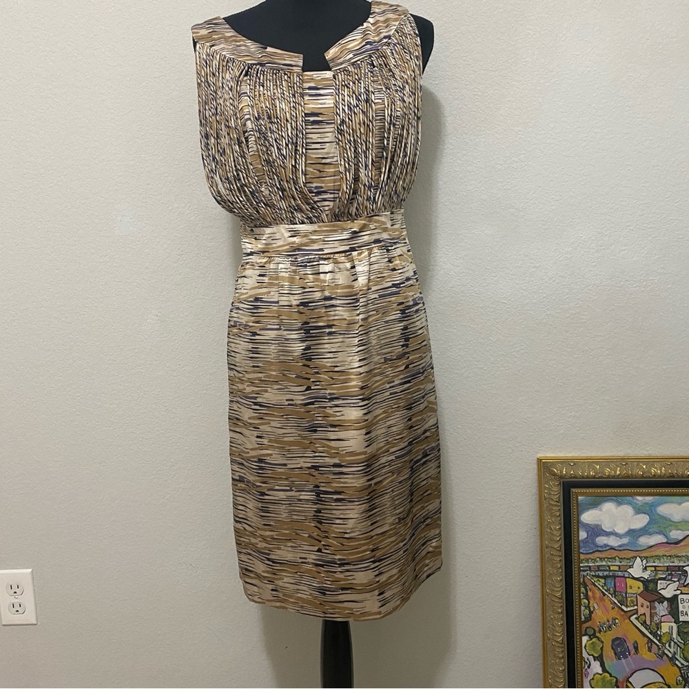 Etcetera Beige and Navy Patterned Sleeveless Sheath Dress